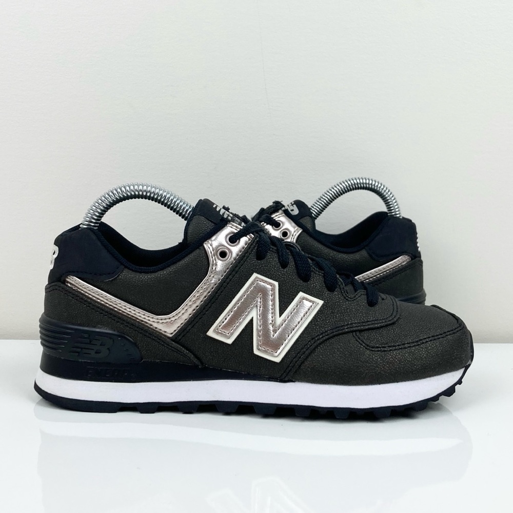 New Balance 574 Classic Black & Metallic Pink Women's Athletic Shoes Size 6.0
